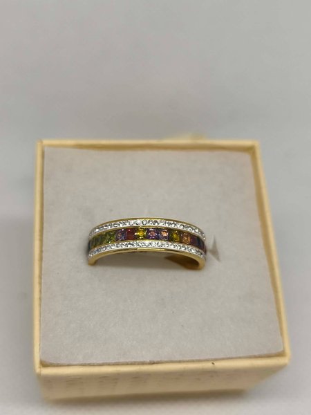 Złoty Pierścionek Obrączka z Kolorowymi Cyrkoniami Rainbow - Stal 316L